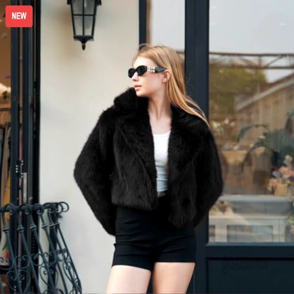 Cropped Faux Fur Jacket Fluffy Fuzzy Winter Coat Y2K Chic Plus Size Outerwear - Picture 2 of 6